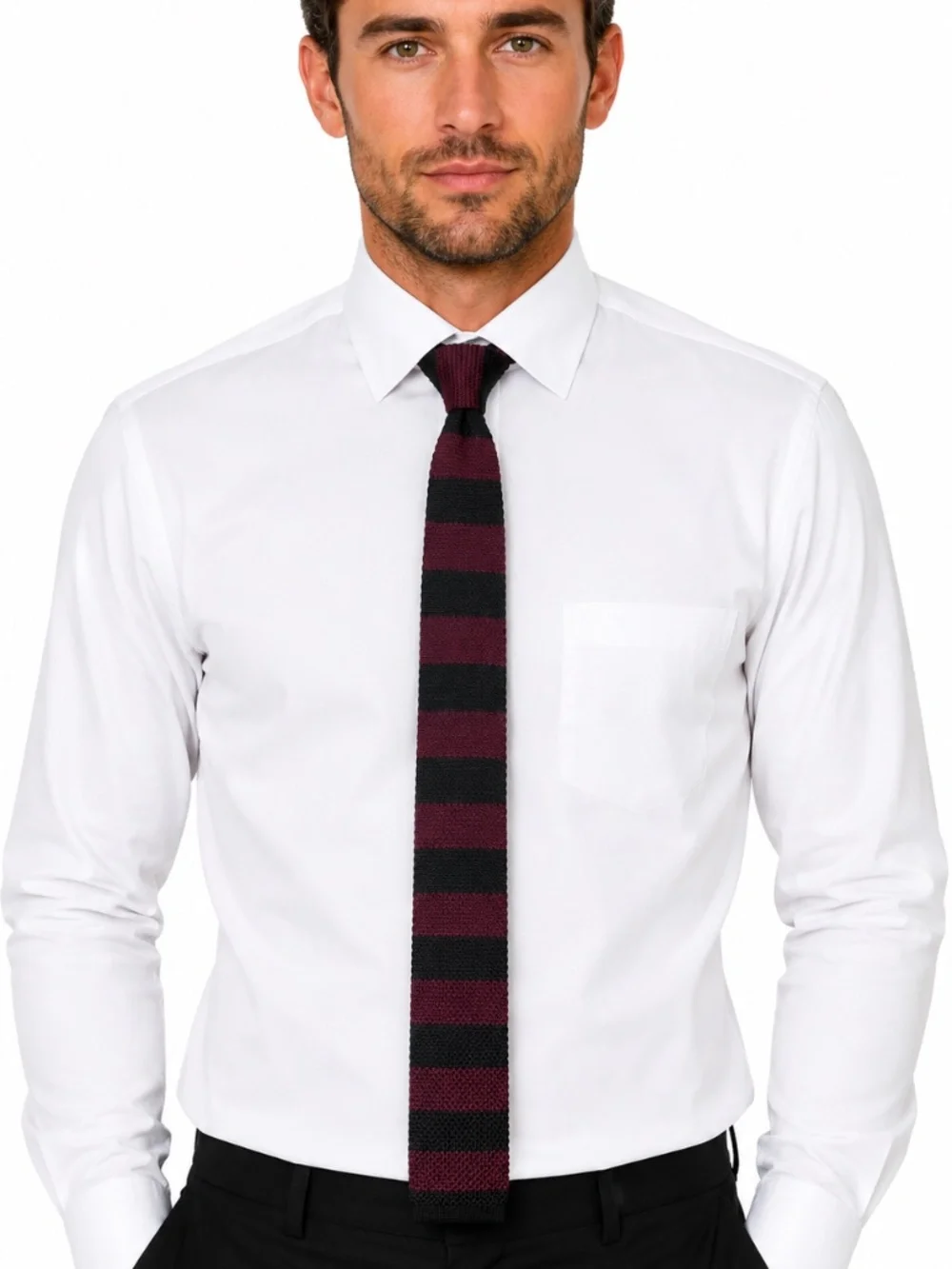 Vintage Bill Blass Essentials Knit Tie Burgundy Black Horizontal Stripe 90s Y2K